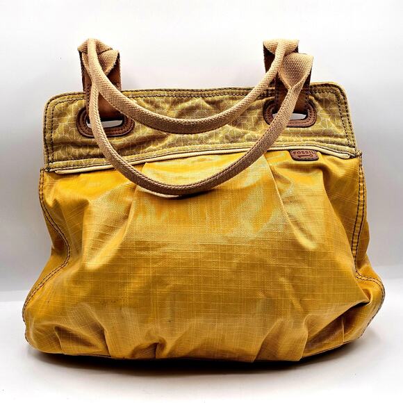 Fossil Key-per Shoulder Bag Boho Yellow Purse Vintage Leather Canvas Trim Tote - Picture 1 of 8
